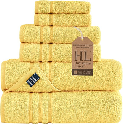 Hawmam Linen Yellow 6 Piece Bath Towels Set for Bathroom Original Turkish Cotton Soft, Absorbent and Premium 2 Bath Towels, 2 Hand Towels, 2 Washcloths