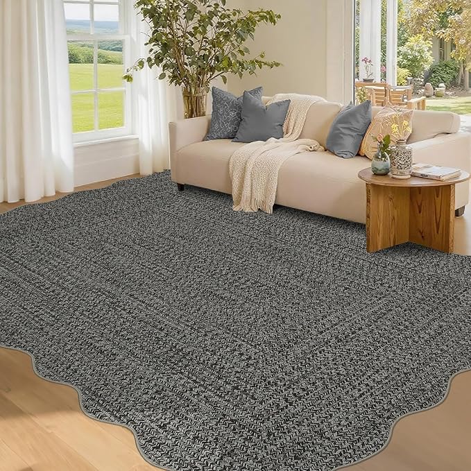 Imitation Braided Collection-Print Washable Area Rug 4x6 Scalloped Entryway Rug with Non Slip Rubber Backing, Farmhouse Soft Low Pile Rustic Accent Rug for Living Room Bedroom Dining Room