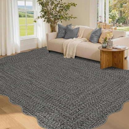 Imitation Braided Collection-Print Scalloped Washable Rugs 8x10 Area Rug for Living Room Soft Bedroom Rug Farmhouse Large Rug Non Slip Stain Resistant Carpet for Nursery Dining Room 8'x10'