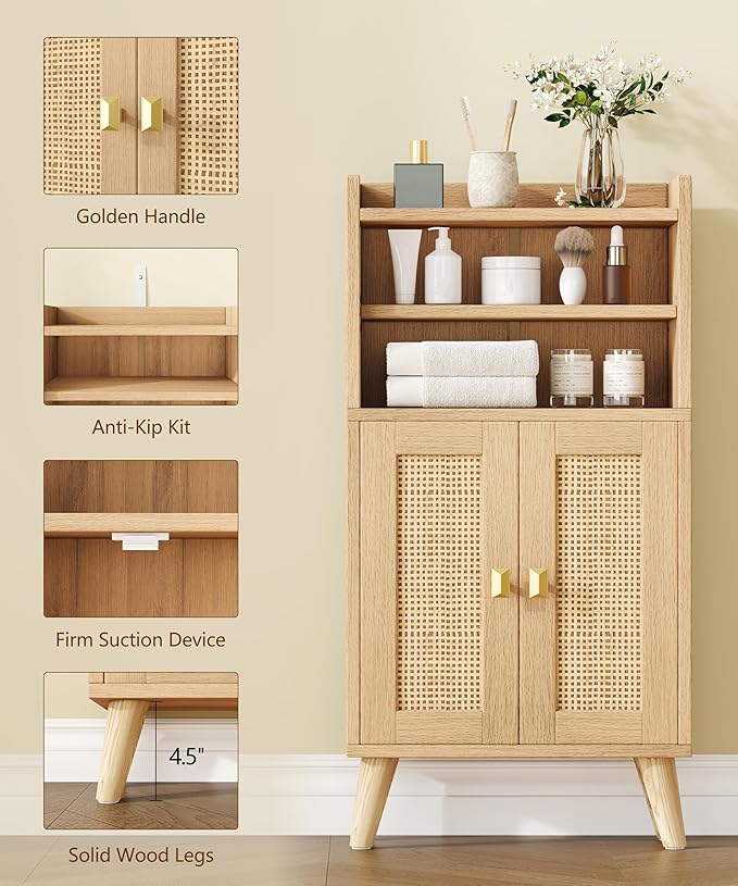 Rattan Small Bathroom Storage Cabinet, Narrow Floor Toilet Paper Storage with 2 Doors and Adjustable Shelf, Bathroom Organizers and Storage for Small Spaces, 7.9''D x 15.0''W x 31.5''H, Natural Oak