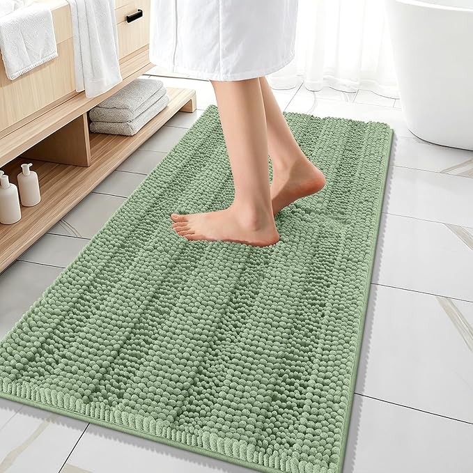 OLANLY Thick Bathroom Runner Rugs 47x20, Chenille Bath Rugs, Sage Green | Absorbent Striped, Rubber Backing, Machine Wash, Long Bath Mats for Bathroom Floor, Tub and Shower, Home Decor Accessories