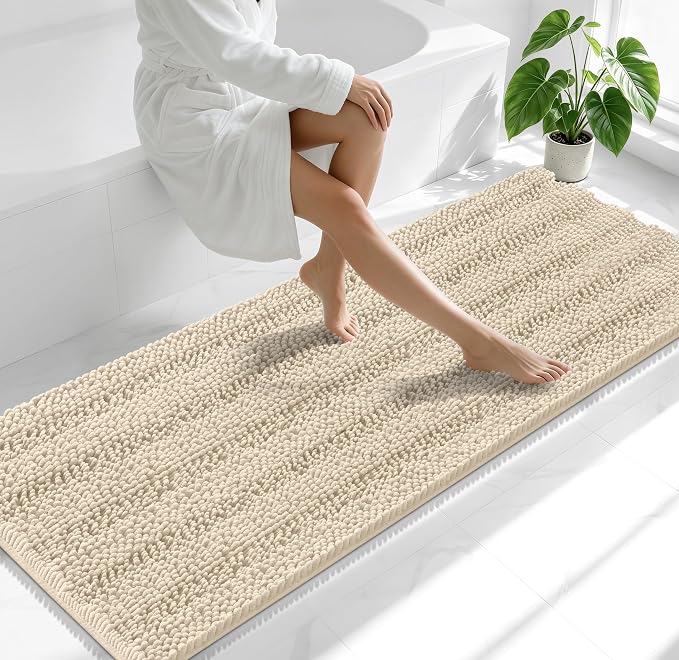Smiry Thick Chenille Bathroom Runner Rugs 70x24, Absorbent Bath Mat, Sand | Quick‑Dry & Machine Washable, Non‑Slip Bath Carpet, Soft Striped Bath Rugs for Tub & Shower, Modern Home Decor Accessories