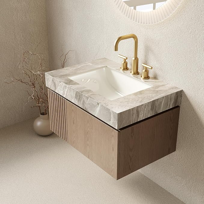 KEIKI 30 Inch Floating Bathroom Vanity with Sink, Light Brown & Grey | Modern Wall Mounted Storage Cabinet w/ Drawer & Door, Pre-assembled Wood Panels, Sintered Stone Top & Ceramic Basin Combo Set