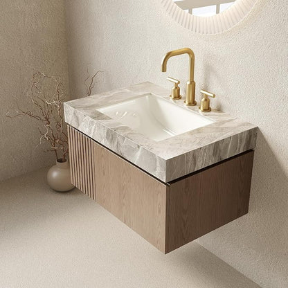 KEIKI 30 Inch Floating Bathroom Vanity with Sink, Light Brown & Grey | Modern Wall Mounted Storage Cabinet w/ Drawer & Door, Pre-assembled Wood Panels, Sintered Stone Top & Ceramic Basin Combo Set