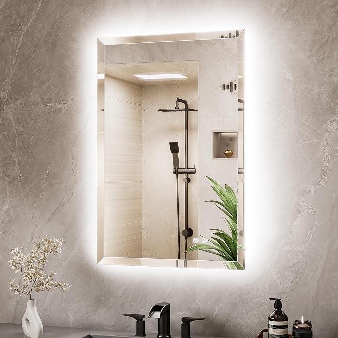 24 x 36 Backlit Bathroom Mirror, Frameless LED Mirror for Bathroom, Tempered Glass, 3 Colors Lights, Defogging, Dimmable, Memory Function, Light Up Bathroom Mirrors for Over Sink