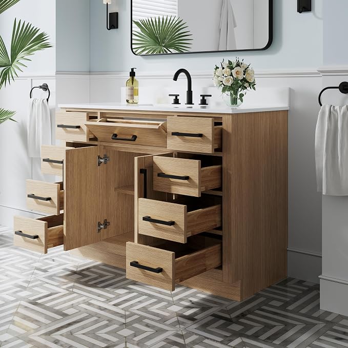 48-Inch Bathroom Vanity with Sink W/ 2 Doors & 8 Drawers & 1 Flip Drawer, Oak Vanity W/Matte Black Handles