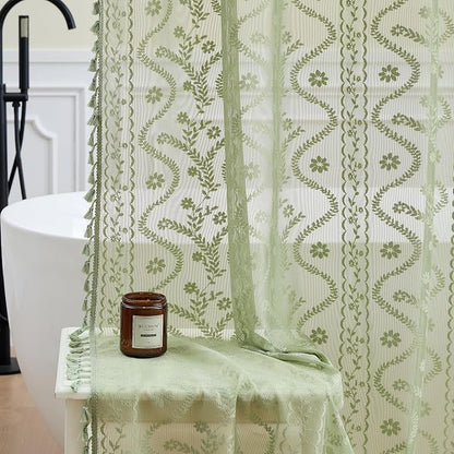 WAZZIO Sage Green Lace Shower Curtain - Vintage Pretty Floral Sheer Shower Curtains, Elegant Decorative Tassel Bath Curtains for Bathroom, 72 x 96 Inch, 1 Piece