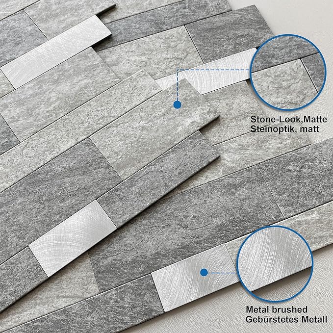 Stone Peel Stick Backsplash Tiles Kitchen Wall Gray Silver 5pcs