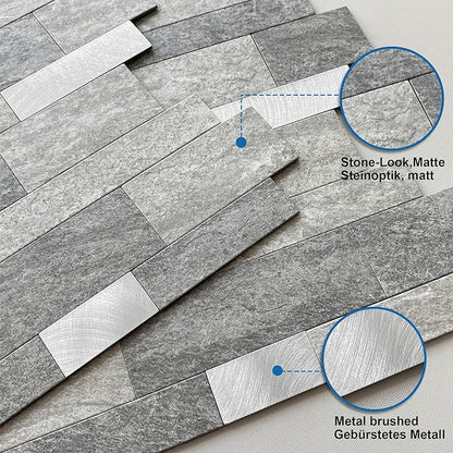 Stone Peel Stick Backsplash Tiles Kitchen Wall Gray Silver 5pcs