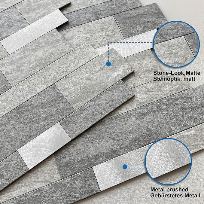 Stone Peel Stick Backsplash Tiles Kitchen Wall Gray Silver 10pcs