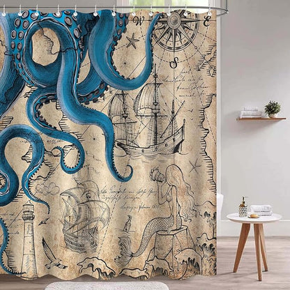 Fungarth Long Vintage Nautical Octopus Shower Curtain Navy Blue Mermaid Funny Ocean Kraken Shower Curtains for Bathroom Cool Anchor Coastal Map Waterproof Fabric Bath Curtain Decor (Retro, 72” x 78”)
