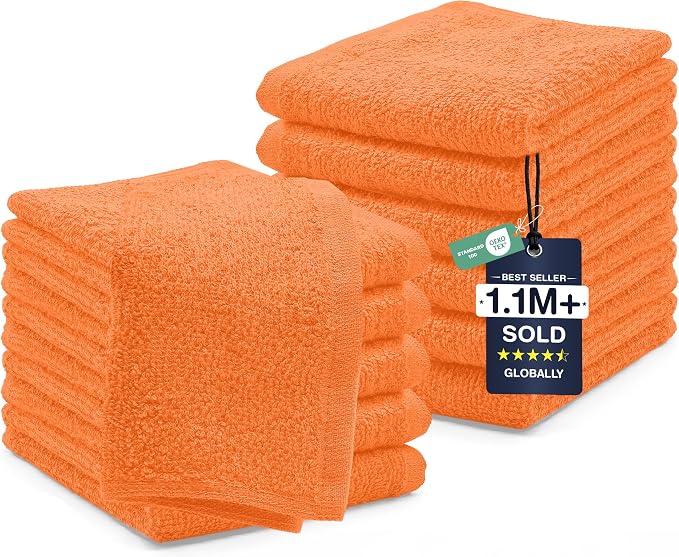 DAN RIVER 12 Pack Cotton Wash Cloths Set for Showering [12x12] Orange | Lighter Weight, Quick to Dry, Super Soft & Absorbent Face Towels, Hotel Quality, Perfect for Bathroom, Gym, Spa