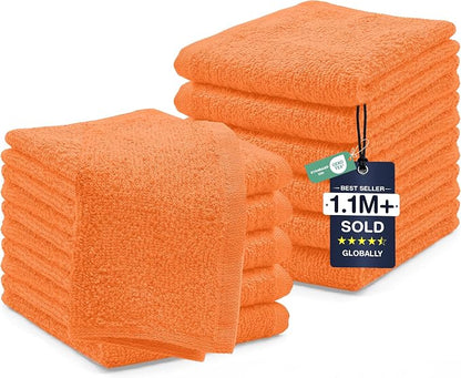 DAN RIVER 12 Pack Cotton Wash Cloths Set for Showering [12x12] Orange | Lighter Weight, Quick to Dry, Super Soft & Absorbent Face Towels, Hotel Quality, Perfect for Bathroom, Gym, Spa