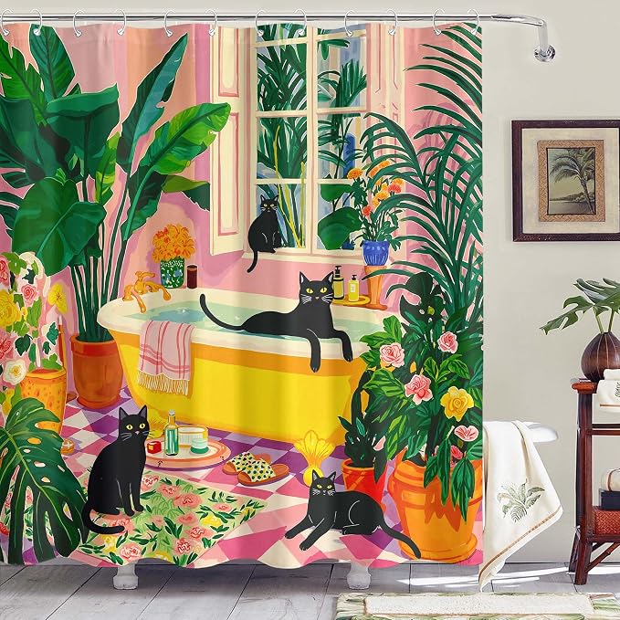 Accnicc Boho Cat Shower Curtain for Bathroom 72 X 78 Inches | Cute Funny Black Cats Matisse Long Shower Curtains, Tropical Plant Bathroom Decor, Water-Resistant Washable Polyester Fabric