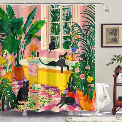 Accnicc Boho Cat Shower Curtain for Bathroom 72 X 78 Inches | Cute Funny Black Cats Matisse Long Shower Curtains, Tropical Plant Bathroom Decor, Water-Resistant Washable Polyester Fabric