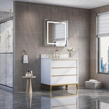 WELLFOR 30" X 30" Bathroom LED Medicine Cabinet with Mirror, Medicine Cabinet with Lights, Bathroom Mirror with Storage, Dimmer, Defogger, Outlets & USB Ports, Double Doors