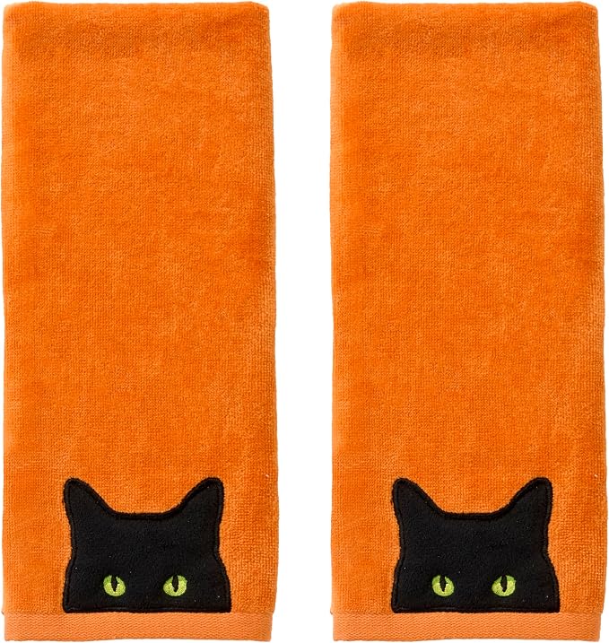 SKL Home Halloween Shadows Eyes Hand Towel Set-2pc, 100% Cotton, Orange | Soft, embroidered velour. Great for the bathroom, kitchen or bar & holiday gifting.