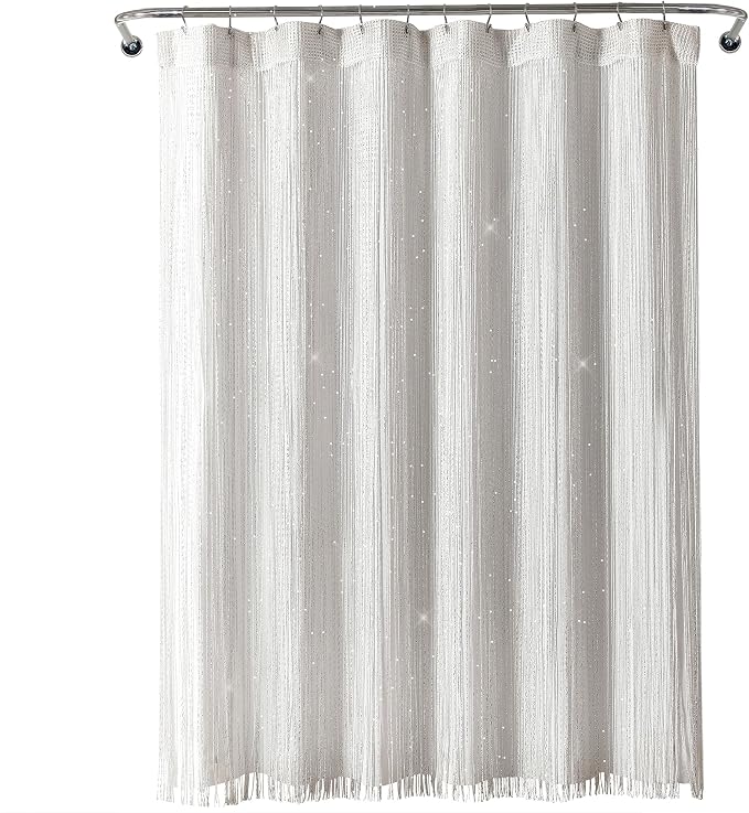 Lush Decor Night Sky String Thread Shower Curtain With PEVA Liner, 2 Piece Set, 72" W x 72" L, White - Silver String Shower Curtain and Liner Set - Shimmery Bath Curtain - Modern Glam Bathroom Decor