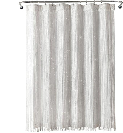 Lush Decor Night Sky String Thread Shower Curtain With PEVA Liner, 2 Piece Set, 72" W x 72" L, White - Silver String Shower Curtain and Liner Set - Shimmery Bath Curtain - Modern Glam Bathroom Decor