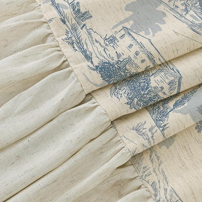 ORTIGIA Ruffle Linen Shower Curtain with Metal Hooks 72x72 Inch, Blue and White Toile de Jouy for Vintage French Country Waterproof Bathroom Decor Chateau Toile Pattern