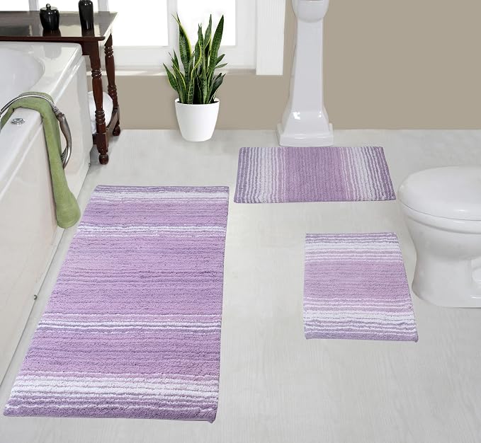 Home Weavers 100% Cotton Gradiation Collection Bathroom Décor | Washable Rug | Bathroom Mat | Kitchen Mat | Bathroom Rug Set | Bath Mat Set | Bath Floor Mat Non Slip, 3 Piece Set with Runner, Purple