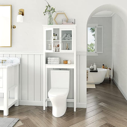 Spirich Over The Toilet Cabinet for Bathroom Storage, Above Toilet Storage Cabinet with Moru Tempered Glass Doors, White