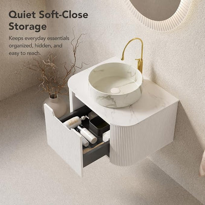 24 Inch Bathroom Vanity with Sink, Floating Wall Mounted Single Sink Vanity for Small Baths, White Curved Fluted Front, Stone Top, Marble-Look Round Vessel Basin, Pre-Assembled