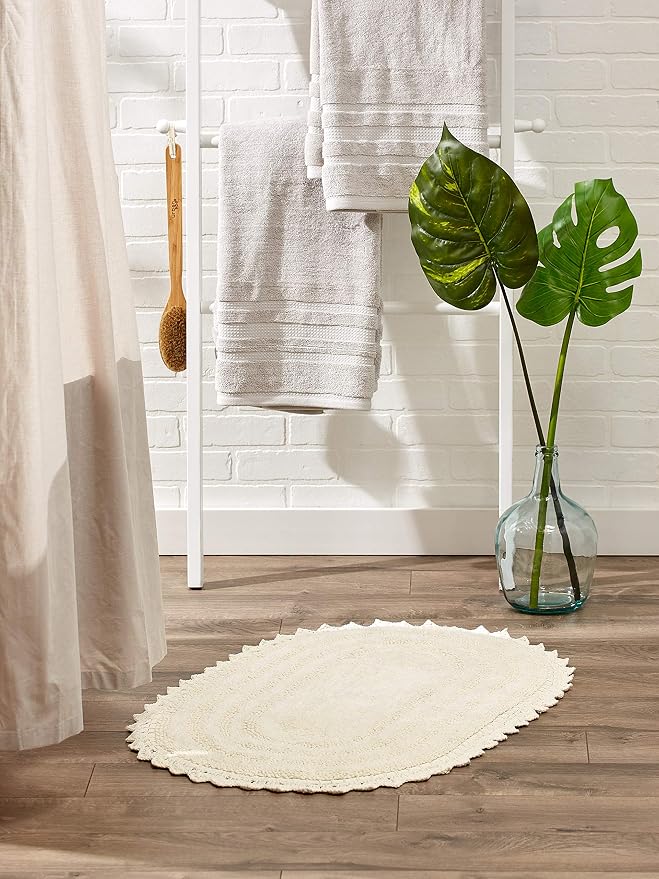 DII Crochet Collection Reversible Bath Mat, Large Oval, 21x34, Off White