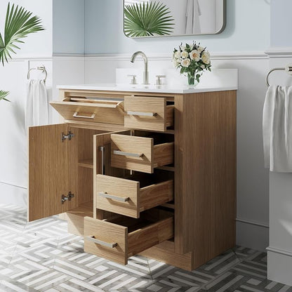 36-Inch Bathroom Vanity with Sink W/ 2 Doors & 4 Drawers & 1 Flip Drawer, Oak Vanity W/Brushed Nickel Handles