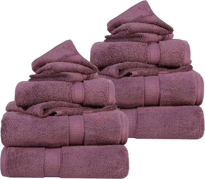SUPERIOR Egyptian Cotton Ultra Plush & Absorbent, 12 Piece Set, Plum | Heavyweight 12 Pc Egyptian Cotton Towel Set Includes 4 Bath Towels 4 Hand Towels 4 Washcloths Decorative Rope Border
