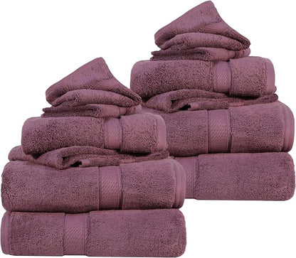 SUPERIOR Egyptian Cotton Ultra Plush & Absorbent, 12 Piece Set, Plum | Heavyweight 12 Pc Egyptian Cotton Towel Set Includes 4 Bath Towels 4 Hand Towels 4 Washcloths Decorative Rope Border