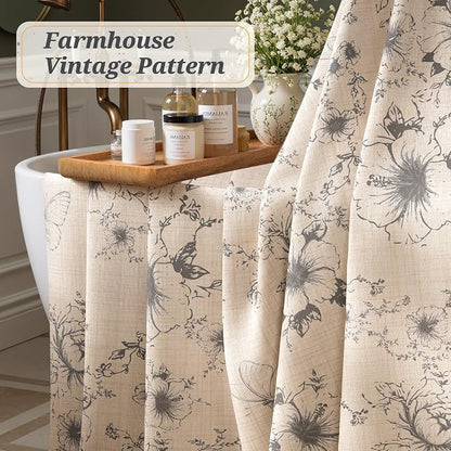 Vintage Floral Shower Curtain with 12 Clear Rings - 72" W x 72" L | Farmhouse Fabric Faux Linen Shower Curtain Set, French Country Cottagecore Style Shower Curtain for Bathroom