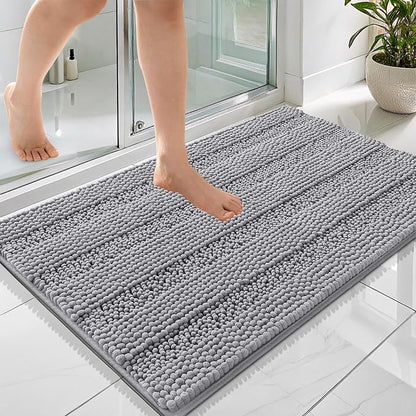 OLANLY Thick Bathroom Rugs 36x24, Soft Chenille Striped Bath Rugs, Grey | Rubber Backing, Machine Wash, Extra Absorbent Bath Mats for Bathroom Floor, Tub and Shower, Home Decor Accessories