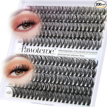 Lash Clusters 200pcs Individual Lashes 30D 40D Cluster Eyelash Extensions 11-16mm Eyelash Clusters Lash Extensions for Self Application (30D&40D, 0.07D, 11-16mm Refill)