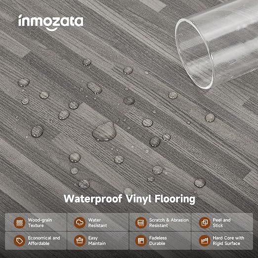 INMOZATA 36-Pack Peel and Stick Floor Tile Waterproof Vinyl Plank Flooring | 54 Sq.Ft, Heat-resistant, Wood Grain Self Adhesive Flooring for DIY Bedroom Living Room Bathroom Kitchen (Granite Gray)