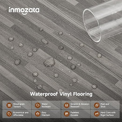 INMOZATA 36-Pack Peel and Stick Floor Tile Waterproof Vinyl Plank Flooring | 54 Sq.Ft, Heat-resistant, Wood Grain Self Adhesive Flooring for DIY Bedroom Living Room Bathroom Kitchen (Granite Gray)