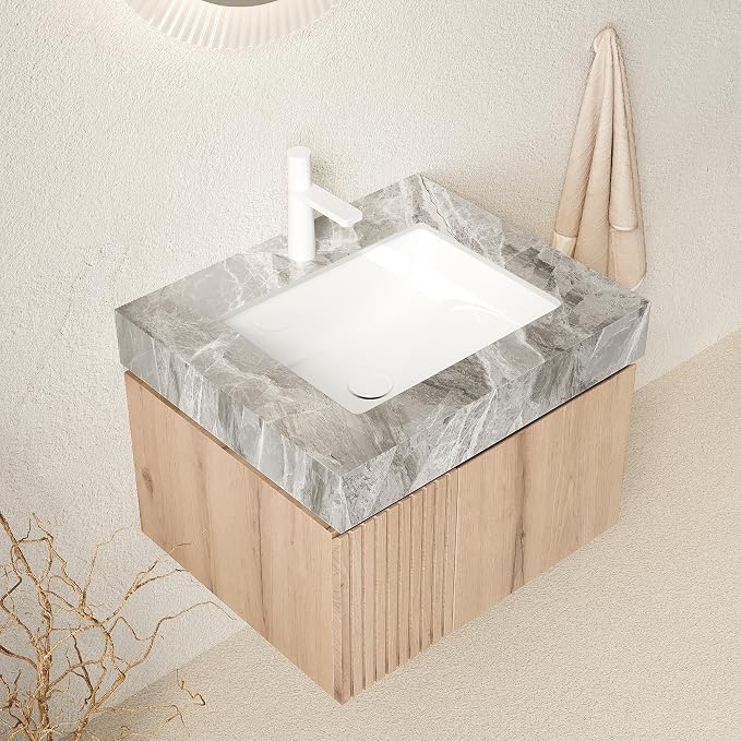 KEIKI 24 Inch Floating Bathroom Vanity with Sink, White Oak & Grey | Modern Wall Mounted Storage Cabinet with 2 Doors, Pre-assembled Wood Panels, Sintered Stone Top & Ceramic Basin Combo Set