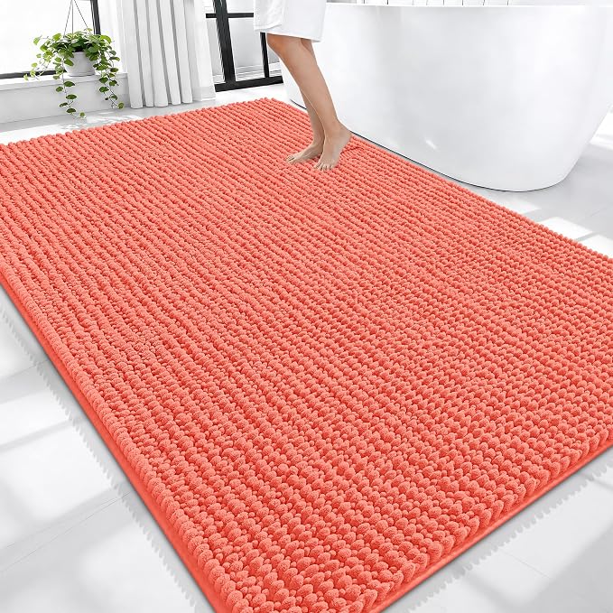 OLANLY Thick Chenille Large Bathroom Rugs 70x46, Absorbent Bath Mat, Coral | Soft Bath Rugs, Rubber Backing, Machine Wash Dry, Bath Mats for Bathroom, Tub and Shower, Home Decor Accessories