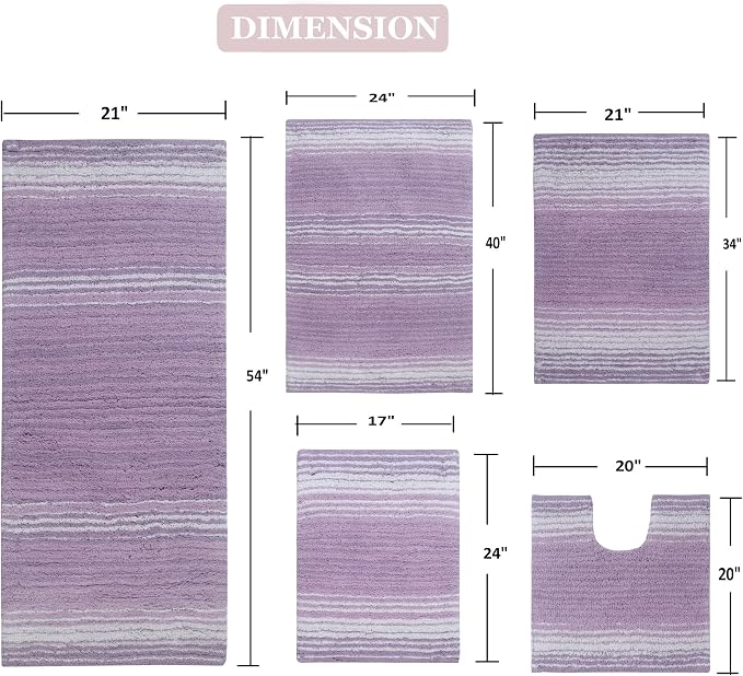 Home Weavers 100% Cotton Gradiation Collection Bathroom Décor | Washable Rug | Bathroom Mat | Kitchen Mat | Bathroom Rug Set | Bath Mat Set | Bath Floor Mat Non Slip, 5 Piece Set with Contour, Purple