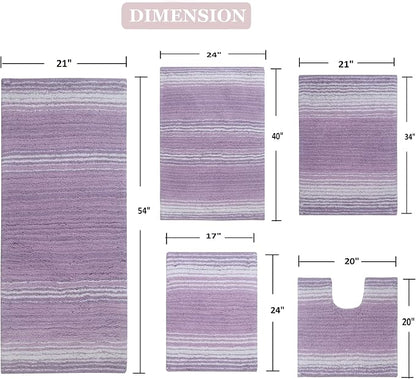 Home Weavers 100% Cotton Gradiation Collection Bathroom Décor | Washable Rug | Bathroom Mat | Kitchen Mat | Bathroom Rug Set | Bath Mat Set | Bath Floor Mat Non Slip, 5 Piece Set with Contour, Purple