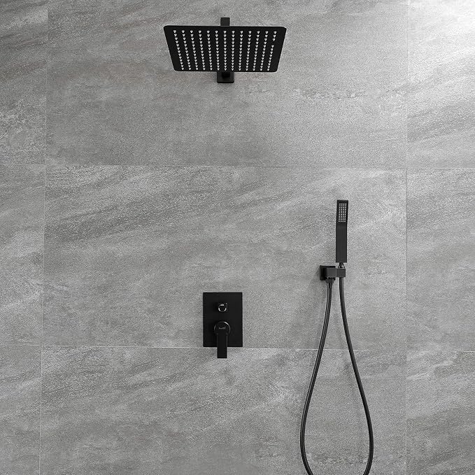 SHAMANDA Brass Rainfall Shower System, Luxuly Bathroom Shower Faucet Combo Set Matte Black (Including Rough-In Valve Body and Trim), L7001-7