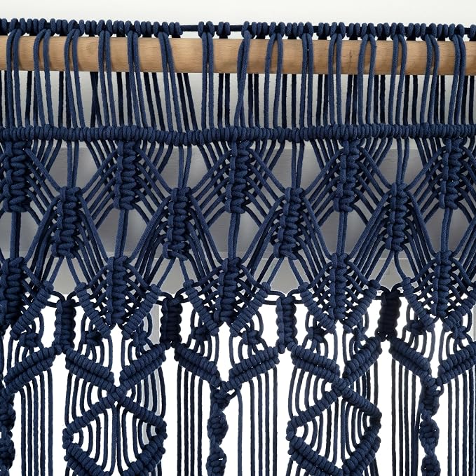 Lush Decor Boho Macrame Textured Cotton Valance, 40" W x 30" L, Navy - Boho Kitchen Curtains & Wall Decor - Macrame Valance - Bathroom Window Curtains