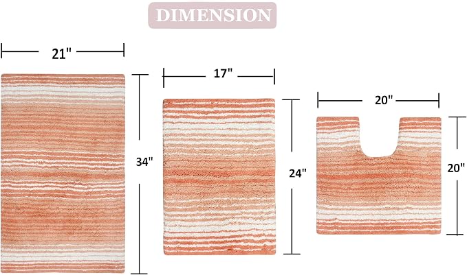 Home Weavers 100% Cotton Natural Gradiation Rug Collection | Washable, Non-Slip, Coral 3-Piece Indoor Set with Contour, Bath & Kitchen Mat / Rug