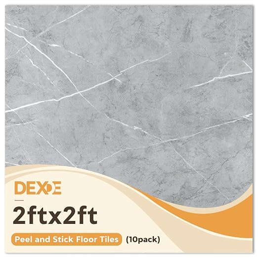 DEXDE Peel and Stick Floor Tile Grey Marble Waterproof Vinyl 2FTx2FT 10 PC | Waterproof Self-adhesive Vinyl Tiles, 40 Sq.Ft (10 Large 24x24 Pack), Vinyl Flooring for Bathroom Kitchen DIY Upgrades