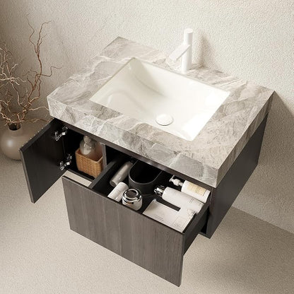 KEIKI 30 Inch Floating Bathroom Vanity with Sink, Espresso & Grey | Modern Wall Mounted Storage Cabinet w/ Drawer & Door, Pre-assembled Wood Panels, Sintered Stone Top & Ceramic Basin Combo Set