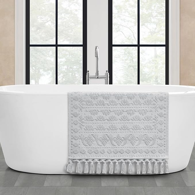 French Connection Nellore Bathroom Rugs, Woven and Beaded Bathroom Mats, Durable Bath Rugs, Thick Bath Mats for Bathroom and Shower Rugs, 24" x 64", Light Grey
