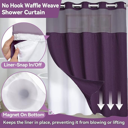 Conbo Mio Extra Long No Hook Waffle Weave Shower Curtain with Snap in Liner Set, Hotel Luxury Purple Shower Curtains for Bathroom with See Through Top Window, Waterproof, Washable 71W x 84H