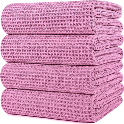 POLYTE 430 GSM Poly Blend Microfiber Quick Dry Waffle Bath Towel, 30x60 in | 4 Pack, Oversize, Lint Free, Body Towel