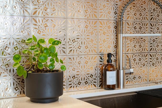 Main Street Peel and Stick Wallpaper Tiles, White & Gold Leaves, 24-Pack | 8"x8" tiles, covers 10.67 sq ft. Peel-and-stick paper, no extra adhesive needed. Ideal for backsplashes & DIY projects.