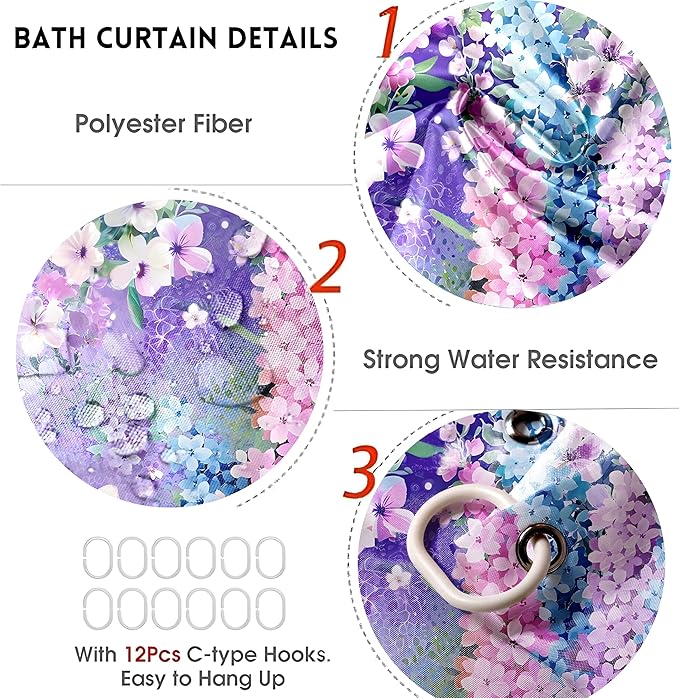4-Piece Purple Floral Shower Curtain Cute Colorful Flower Bathroom Set with Shower Curtain and Rugs, Pretty Funky Watercolor Cloth Bath Set with Hooks for Farmhouse Home Decor